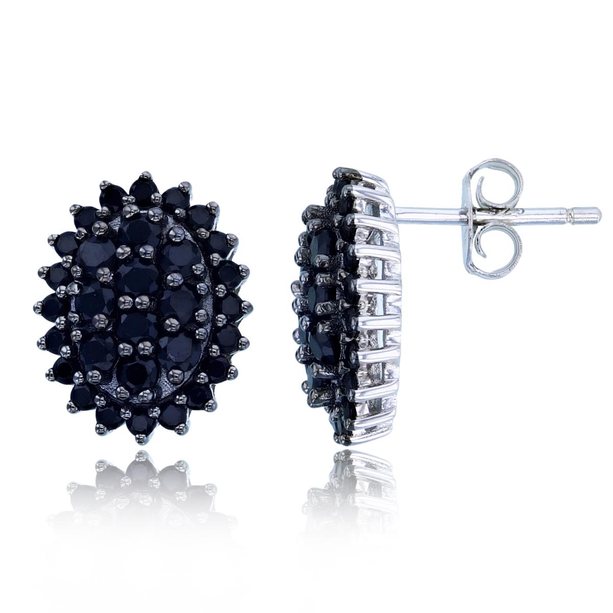 Sterling Silver Two-Tone Rnd Black Spinel Puffy Oval Studs