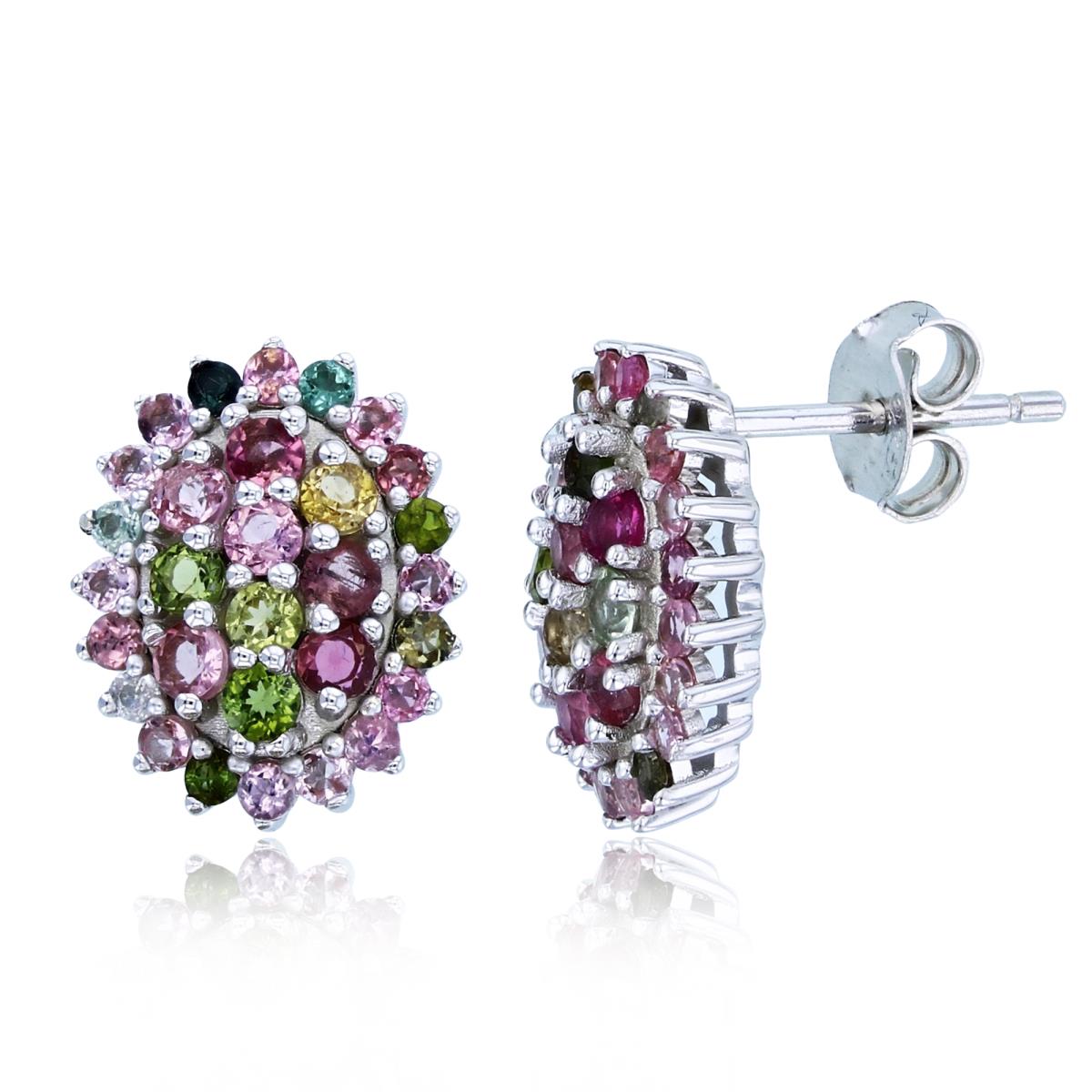 Sterling Silver Rhodium Rnd Multicolor Tourmaline Puffy Oval Studs