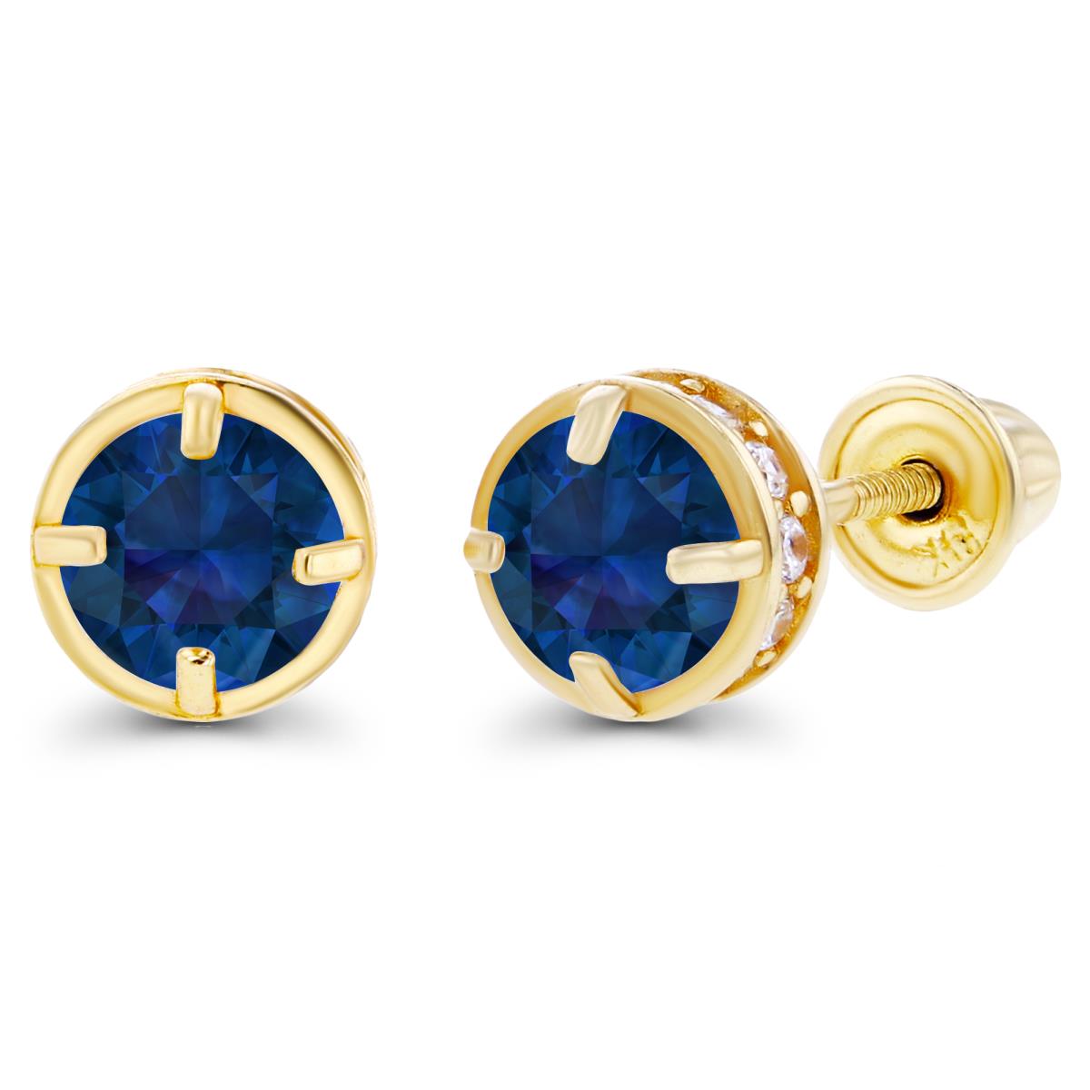 14K Yellow Gold 4mm Created Blue Sapphire & 1mm Created White Sapphire Basket Screwback Earrings