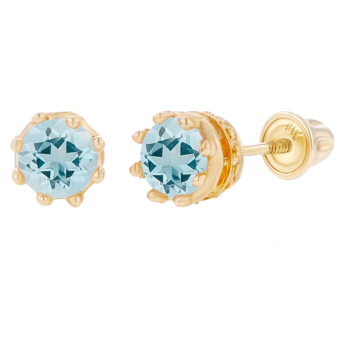 14K Yellow Gold 4mm Round Aquamarine Crown Set Screwback Earrings