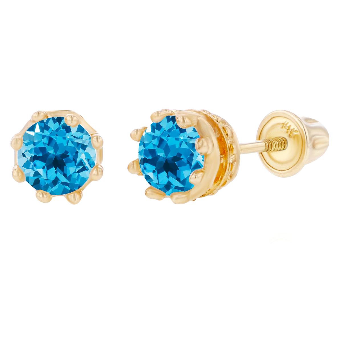 14K Yellow Gold 4mm Round Swiss Blue Topaz Crown Set Screwback Earrings
