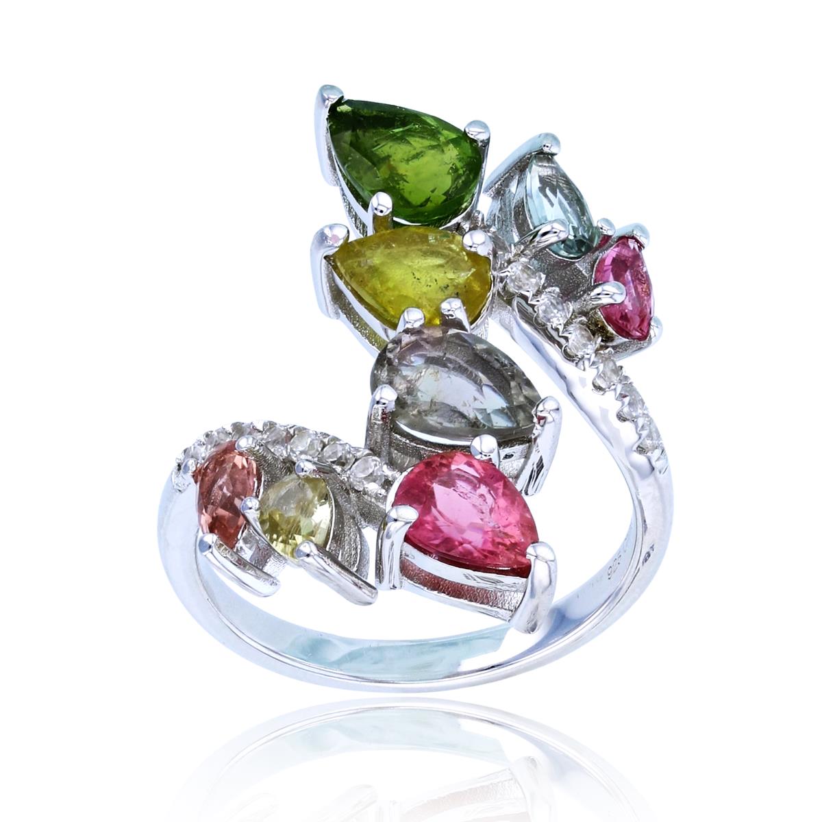Sterling Silver Rhodium 7x5mm/5x3mm PS Multicolor Tourmaline & 1.5mm Rnd White Zircon Bypass Rows Fashion Ring