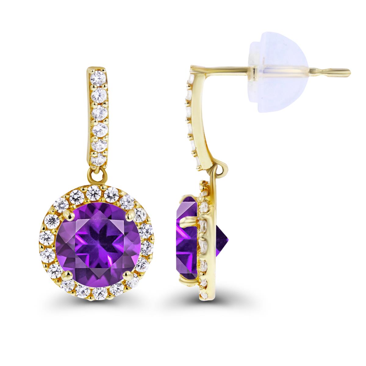 14K Yellow Gold Dangling 6mm Amethyst & Created White Sapphire Halo Earring with Silicone Back