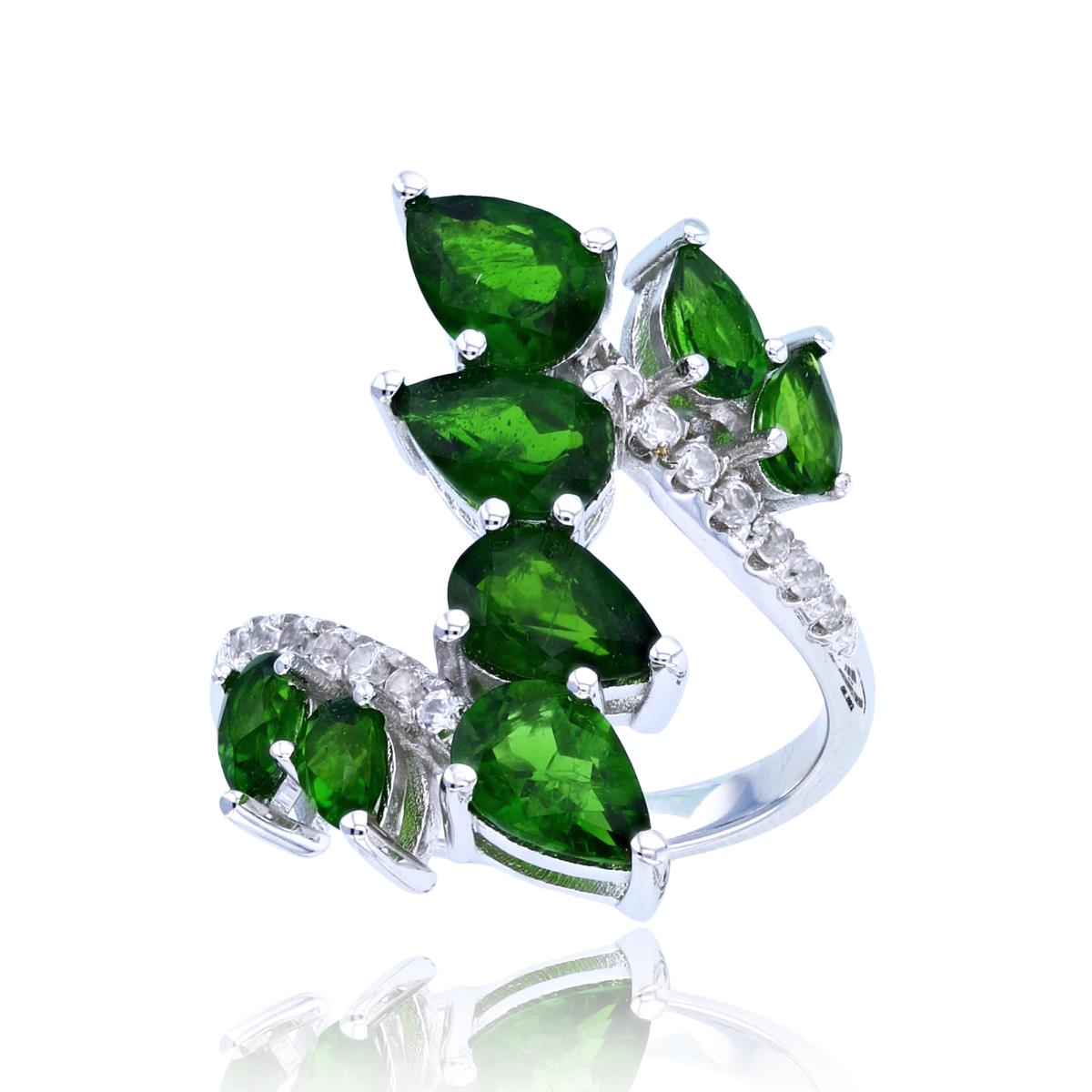 Sterling Silver Rhodium 7x5mm/5x3mm PS Chrom Diopside & 1.5mm Rnd White Zircon Bypass Rows Fashion Ring