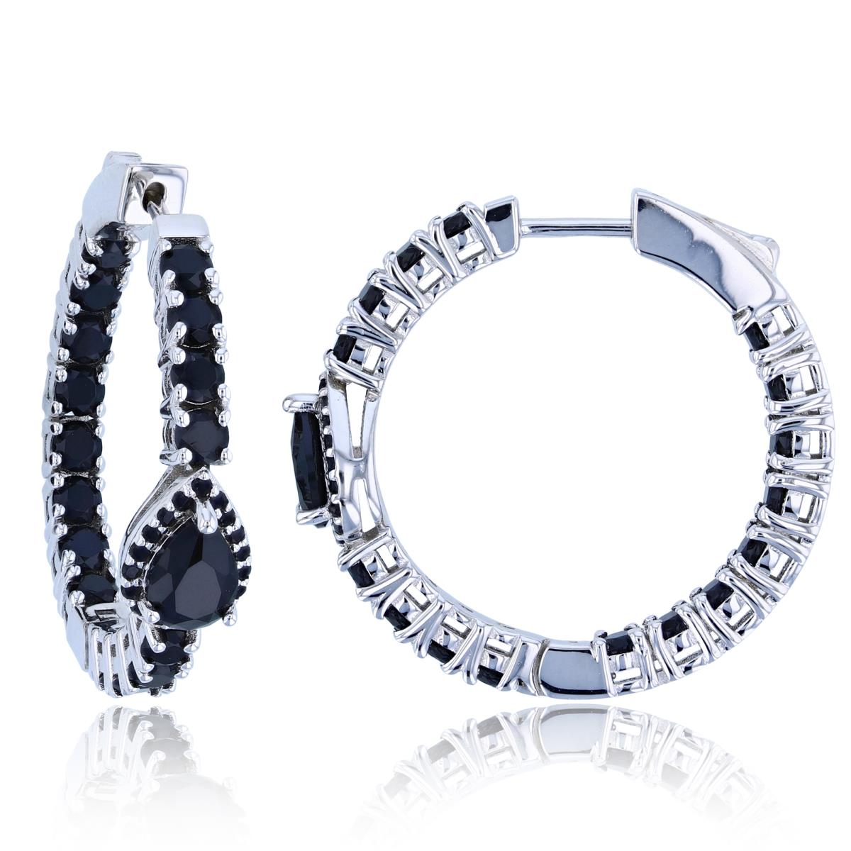 Sterling Silver Rhodium 7x5mm PS & Rnd Black Spinel 30X7mm Fashion Hoop Earrings