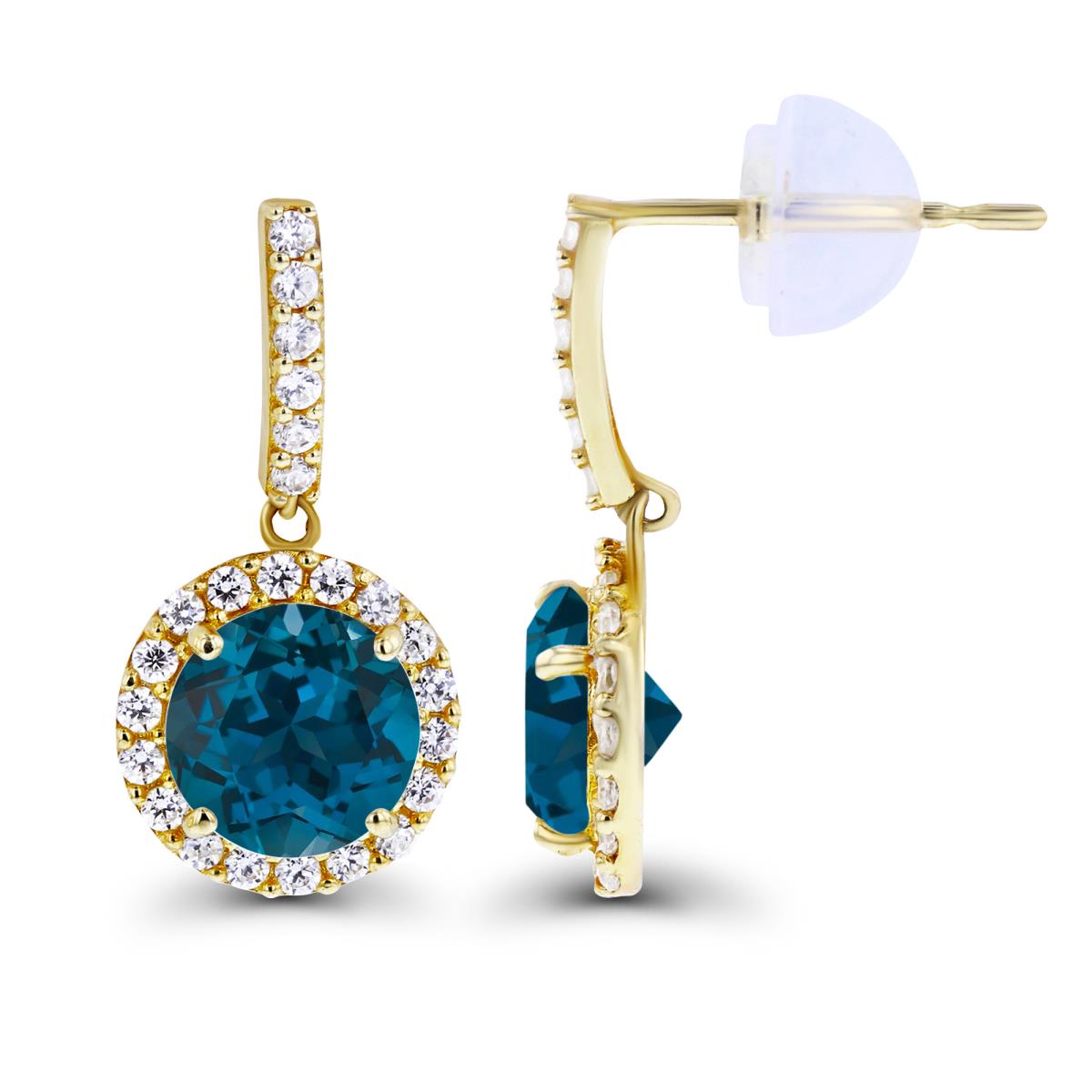 14K Yellow Gold Dangling 6mm London Blue Topaz & Created White Sapphire Halo Earring with Silicone Back