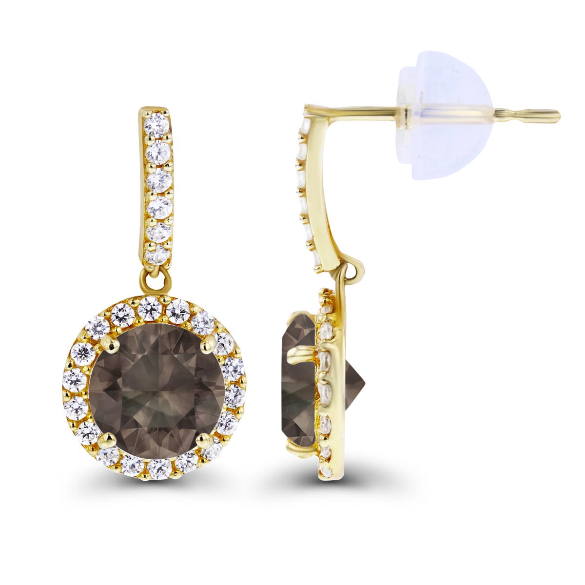 14K Yellow Gold Dangling 6mm Smokey Quartz & Created White Sapphire Halo Earring with Silicone Back