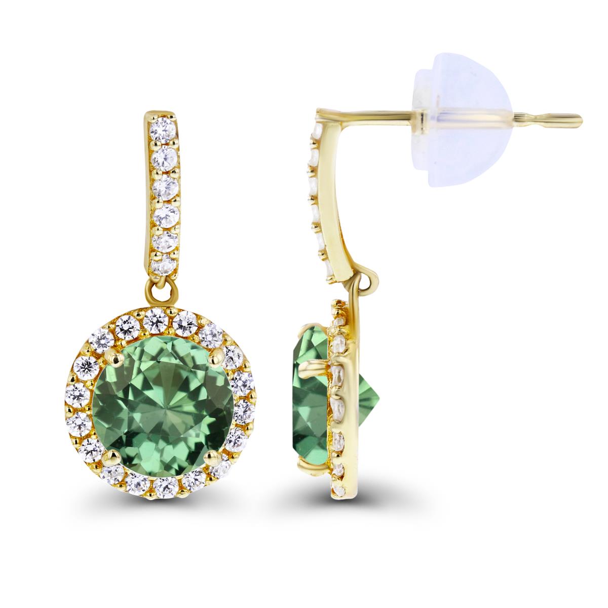 14K Yellow Gold Dangling 6mm Created Green Sapphire & Created White Sapphire Halo Earring with Silicone Back