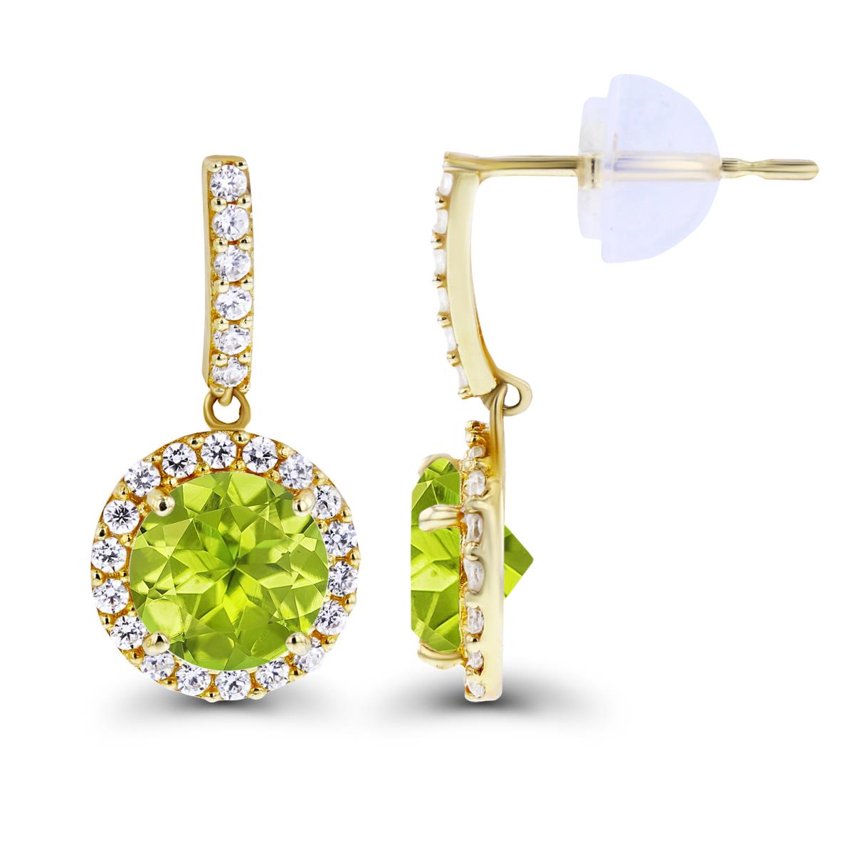 14K Yellow Gold Dangling 6mm Peridot & Created White Sapphire Halo Earring with Silicone Back