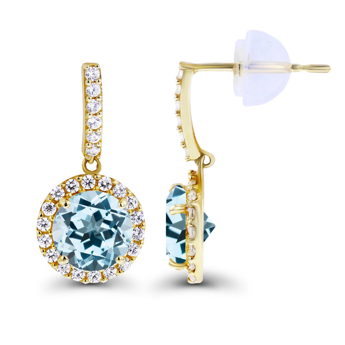 14K Yellow Gold Dangling 6mm Sky Blue Topaz & Created White Sapphire Halo Earring with Silicone Back