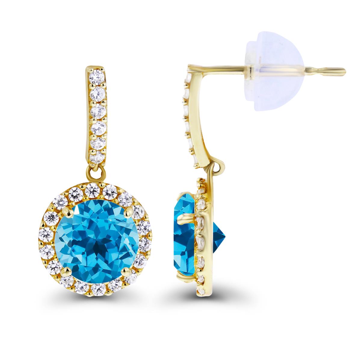 14K Yellow Gold Dangling 6mm Swiss Blue Topaz & Created White Sapphire Halo Earring with Silicone Back