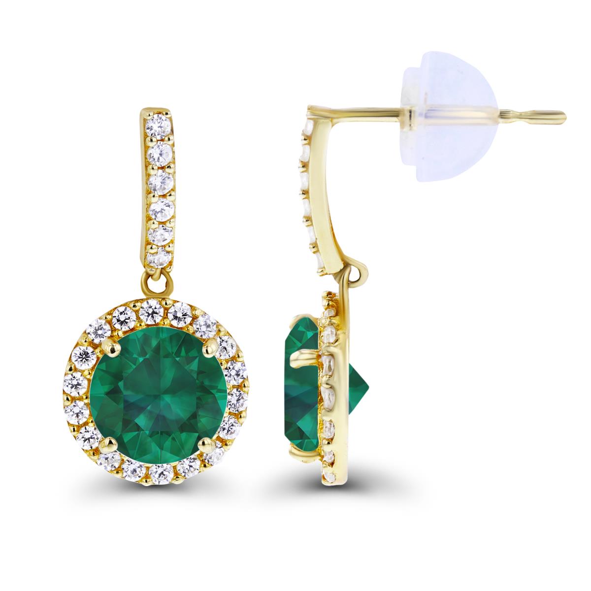 14K Yellow Gold Dangling 6mm Created Emerald & Created White Sapphire Halo Earring with Silicone Back