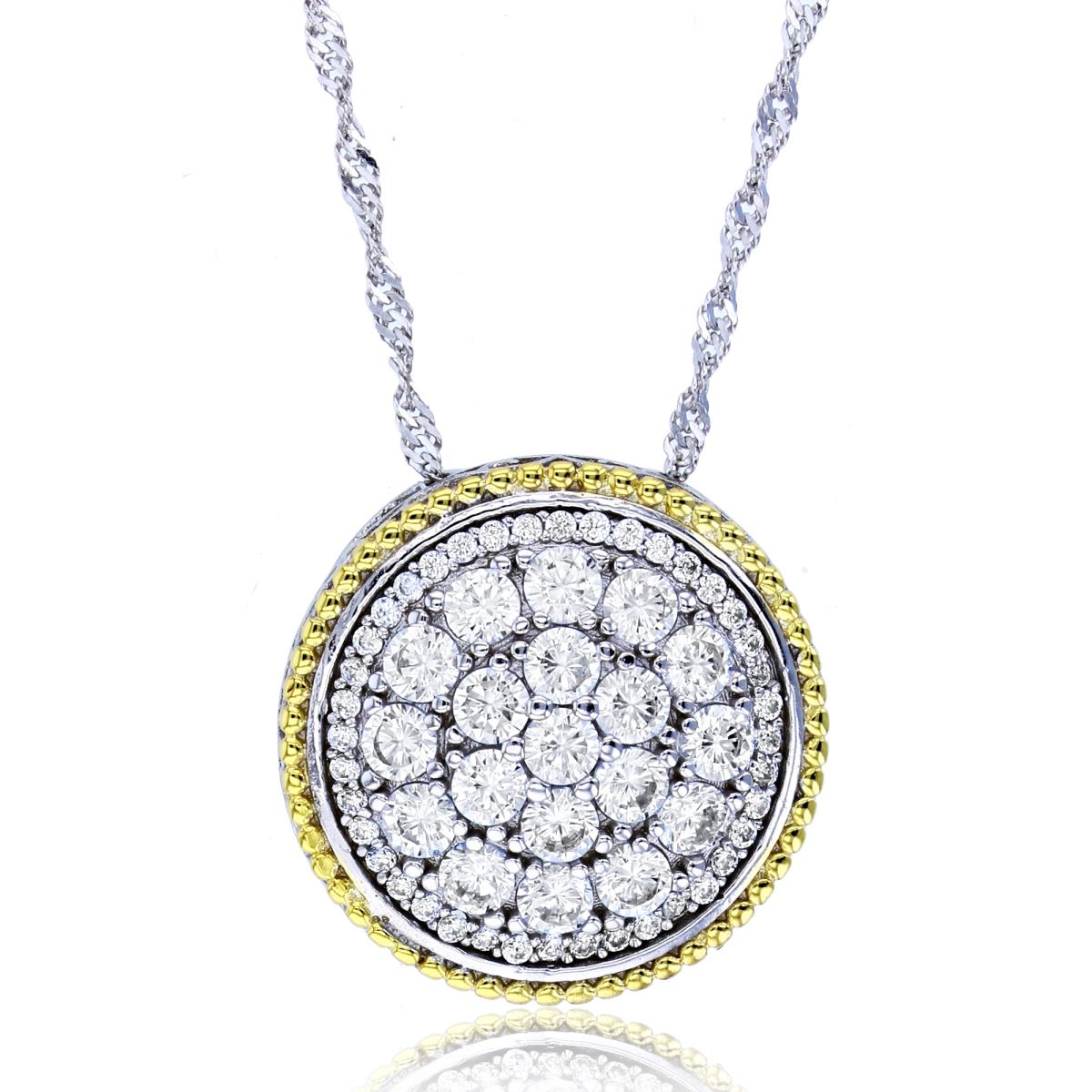 Sterling Silver Yellow & White Paved CZ Round Fashion with Singapor Chain 225 18+2"Necklace