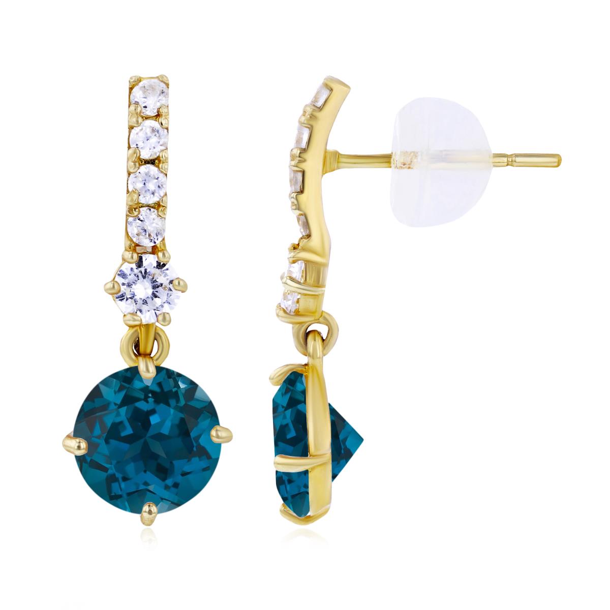 14K Yellow Gold 6mm London Blue Topaz & Created White Sapphire Bridal Dangling Earring with Silicone Back