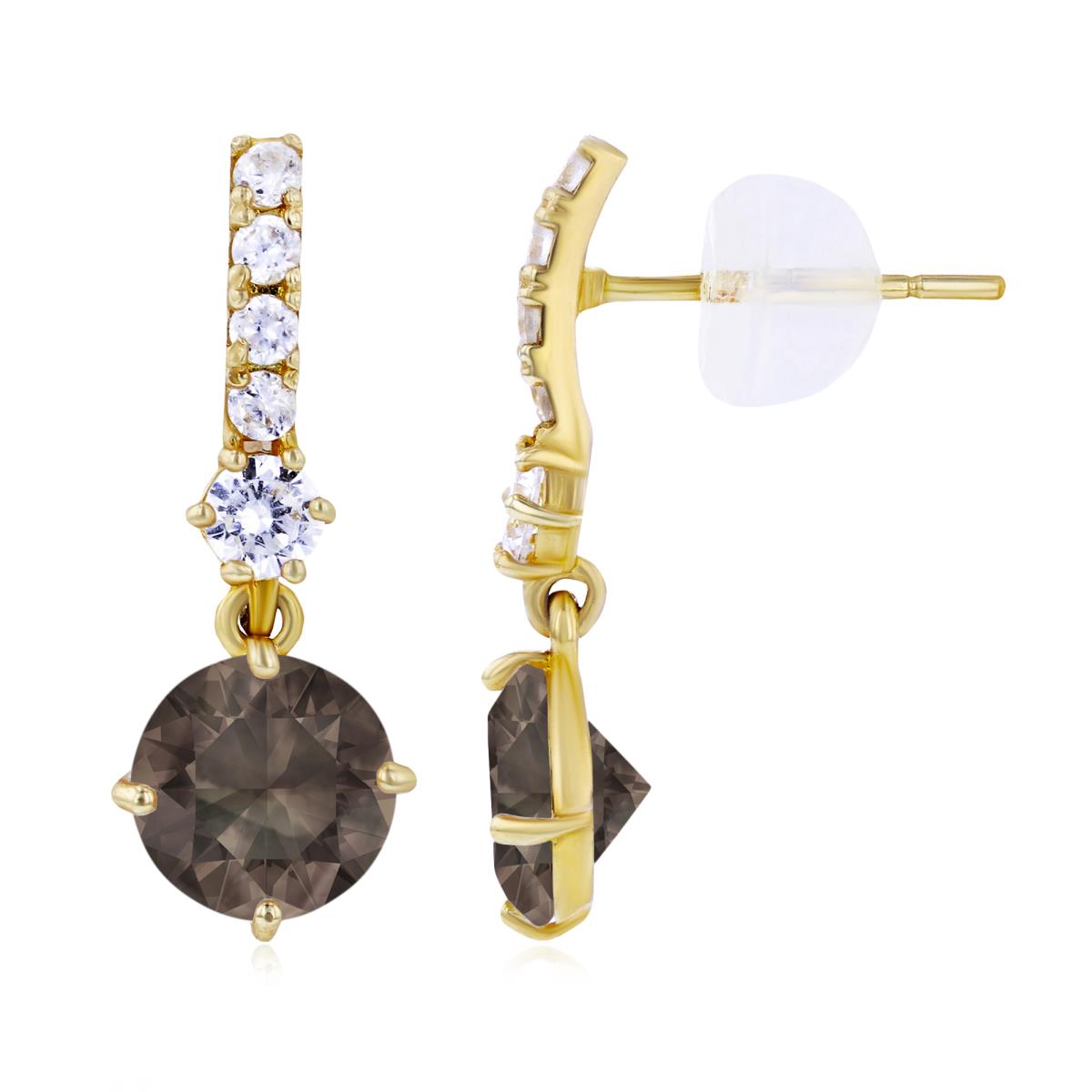 14K Yellow Gold 6mm Smokey Quartz & Created White Sapphire Bridal Dangling Earring with Silicone Back