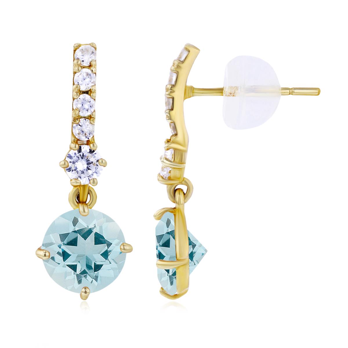14K Yellow Gold 6mm Aquamarine & Created White Sapphire Bridal Dangling Earring with Silicone Back