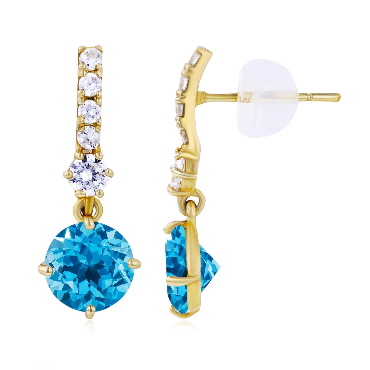 14K Yellow Gold 6mm Swiss Blue Topaz & Created White Sapphire Bridal Dangling Earring with Silicone Back