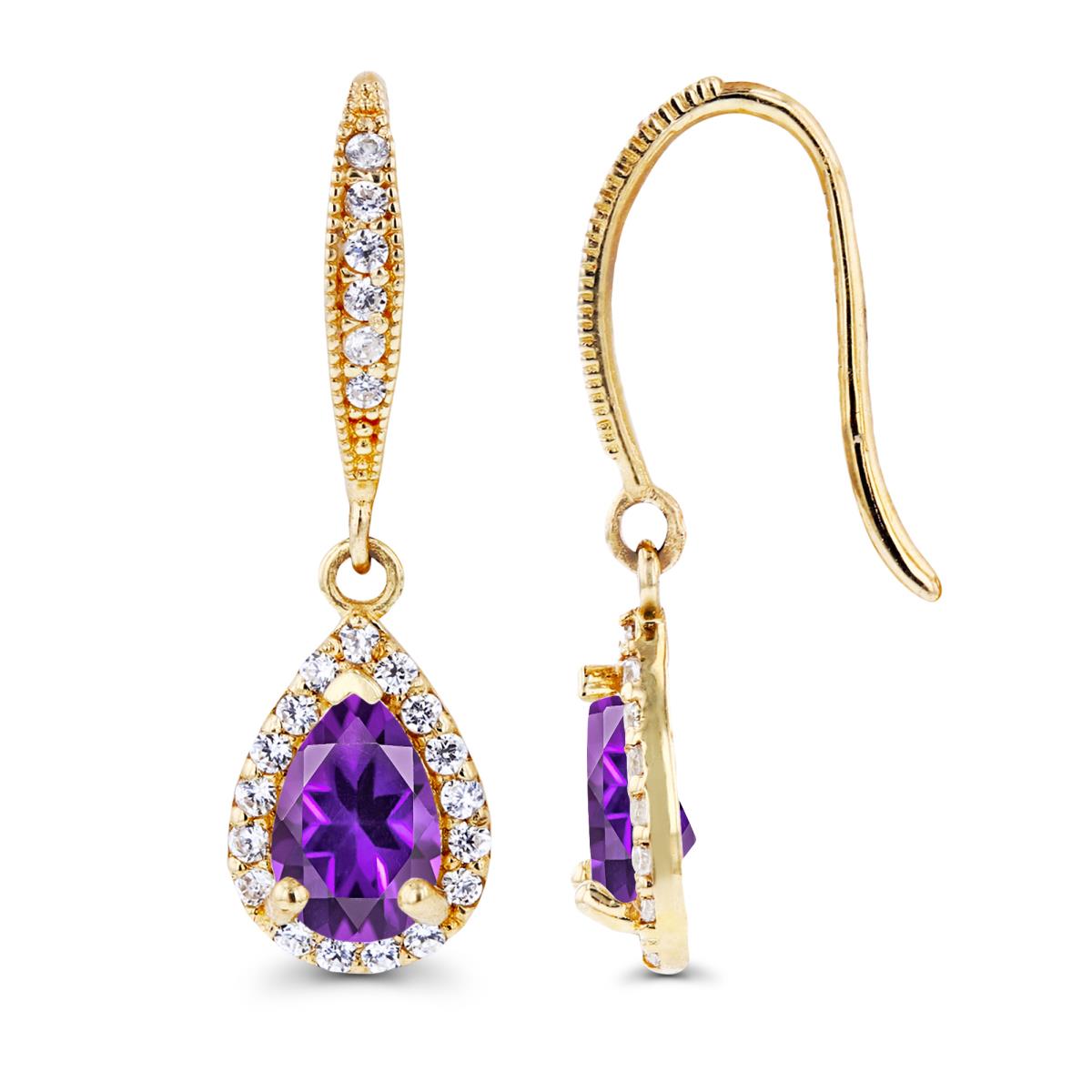 14K Yellow Gold 6x4mm Pear Amethyst & Created White Sapphire Halo Fishhook Earring