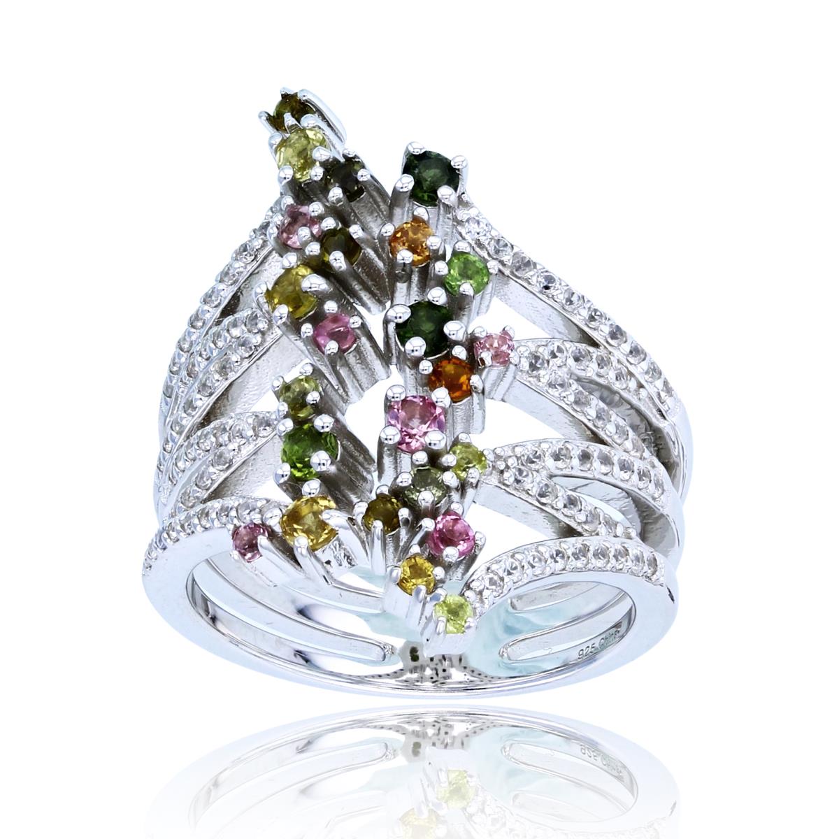 Sterling Silver Rhodium Rnd Multicolor Tourmaline & White Zircon Scattered Multirows Ring