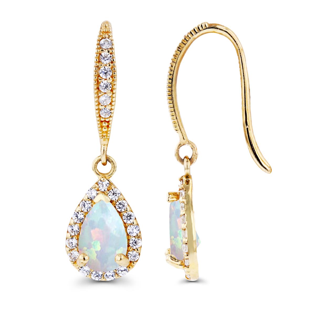 14K Yellow Gold 6x4mm Pear Created Opal & Created White Sapphire Halo Fishhook Earring