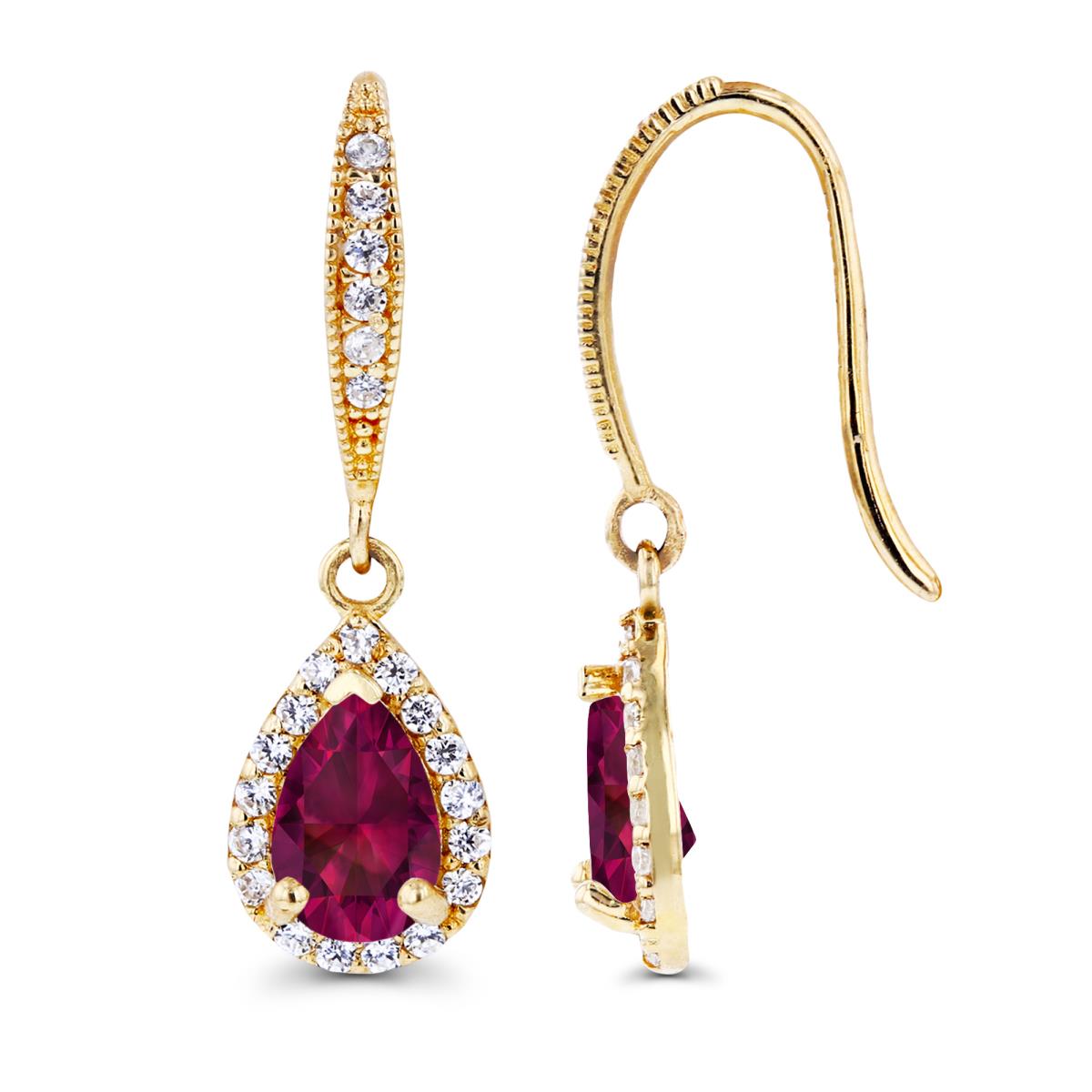 14K Yellow Gold 6x4mm Pear Created Ruby & Created White Sapphire Halo Fishhook Earring