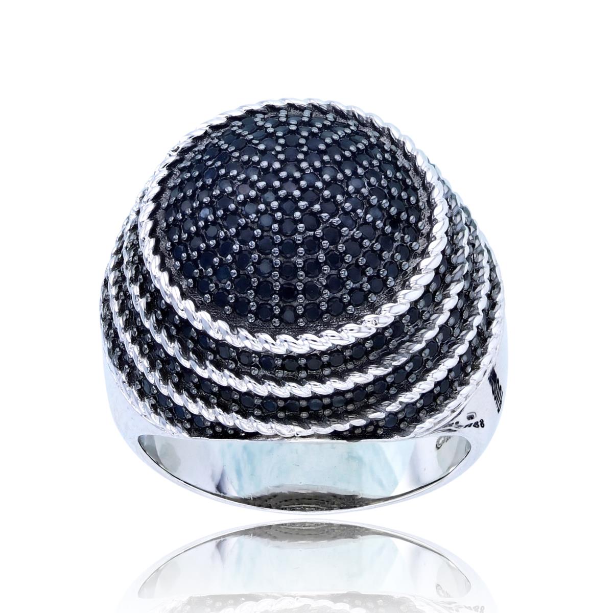 Sterling Silver Two-Tone (Blk/Wh) Rnd Black Spinel Pave Dome Layered Round Ring