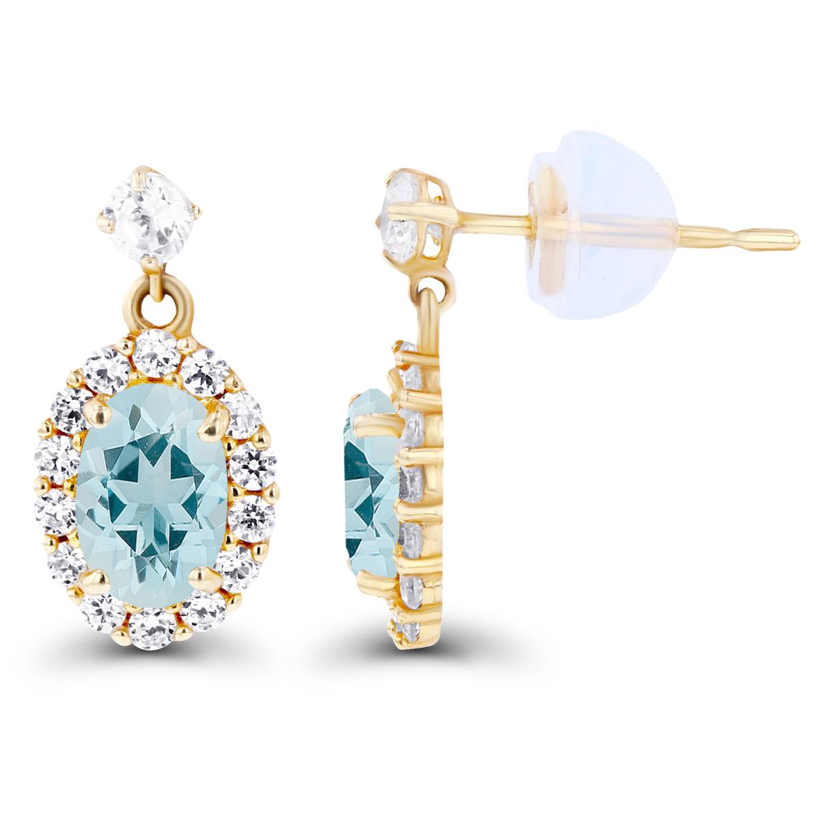 14K Yellow Gold 6x4mm Oval Aquamarine & Created White Sapphire Halo Dangling Earring with Silicone Back