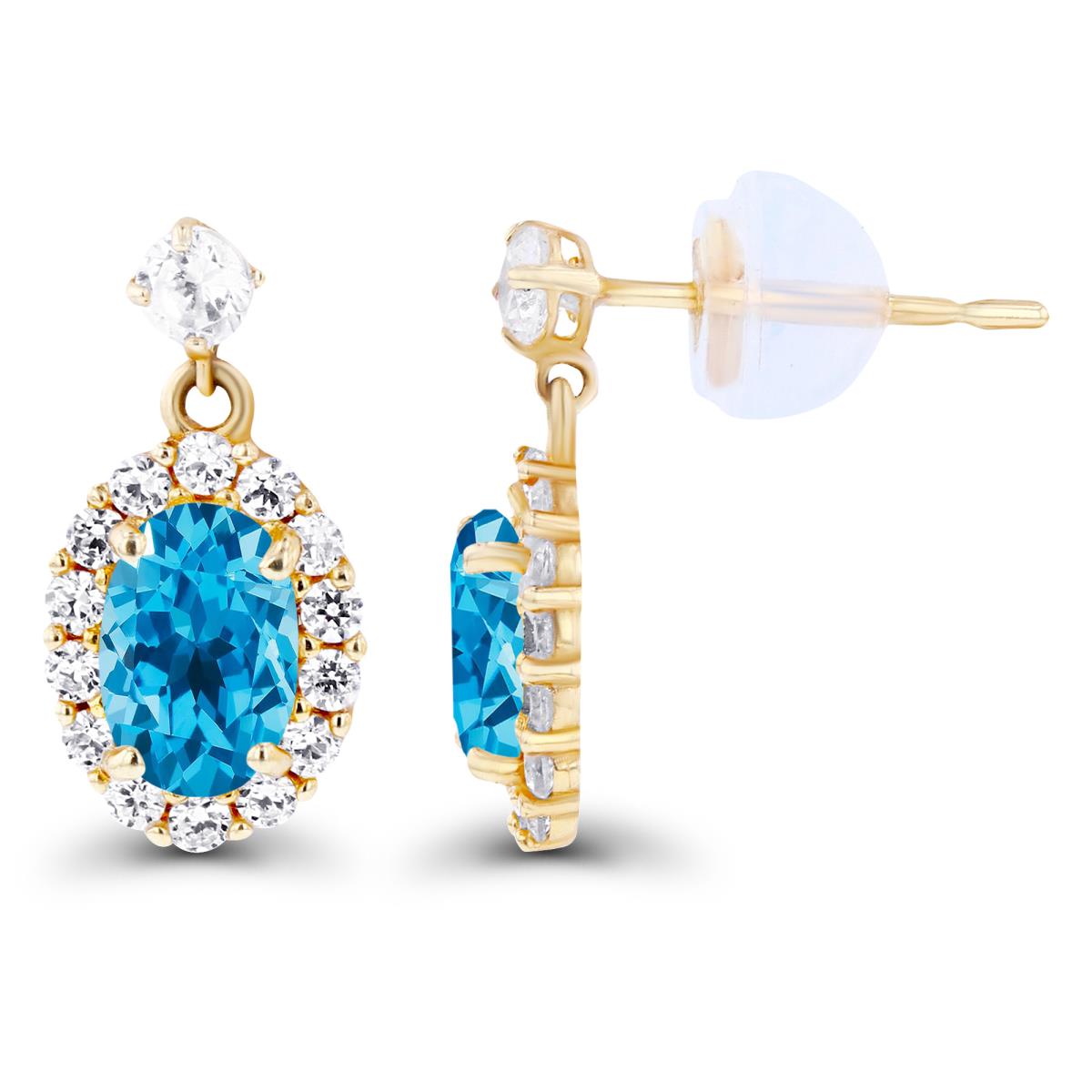 14K Yellow Gold 6x4mm Oval Swiss Blue Topaz & Created White Sapphire Halo Dangling Earring with Silicone Back