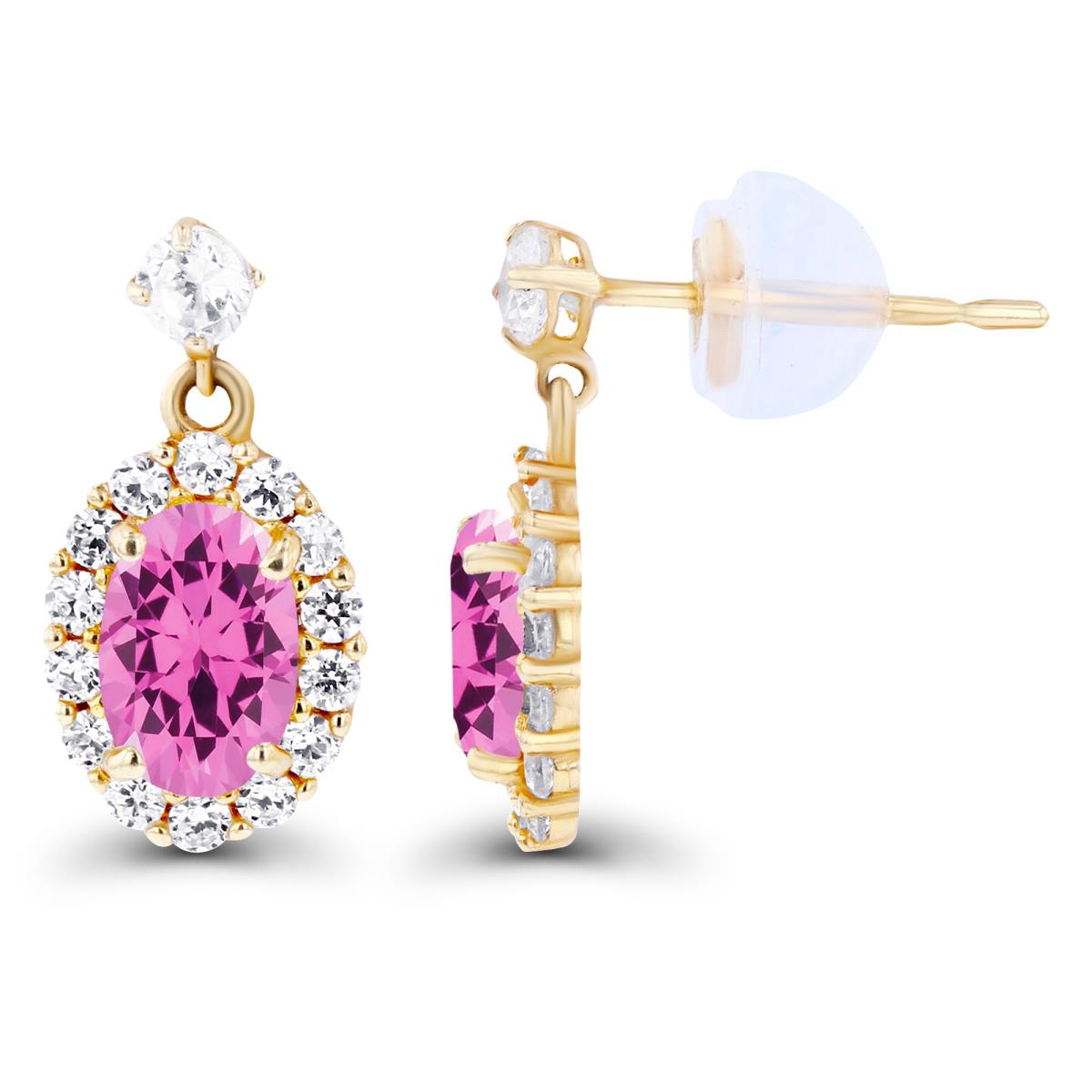 14K Yellow Gold 6x4mm Oval Created Pink Sapphire & Created White Sapphire Halo Dangling Earring with Silicone Back