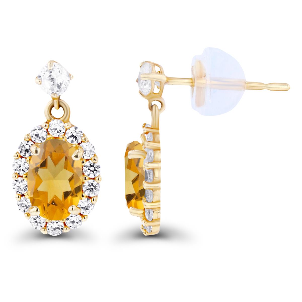 14K Yellow Gold 6x4mm Oval Citrine & Created White Sapphire Halo Dangling Earring with Silicone Back