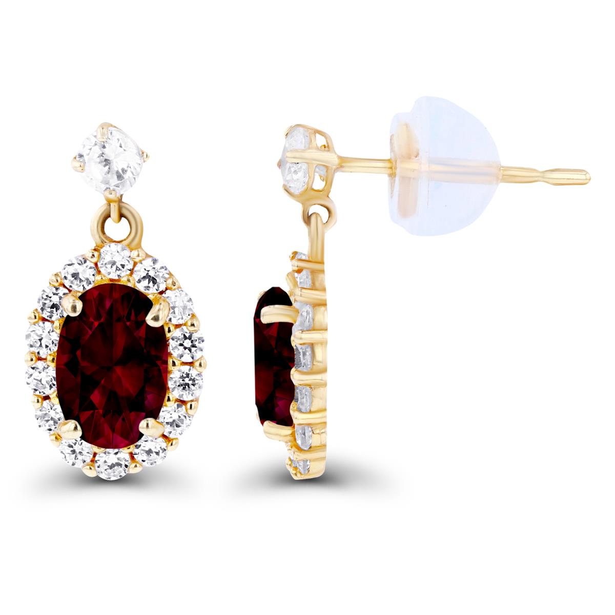 14K Yellow Gold 6x4mm Oval Garnet & Created White Sapphire Halo Dangling Earring with Silicone Back