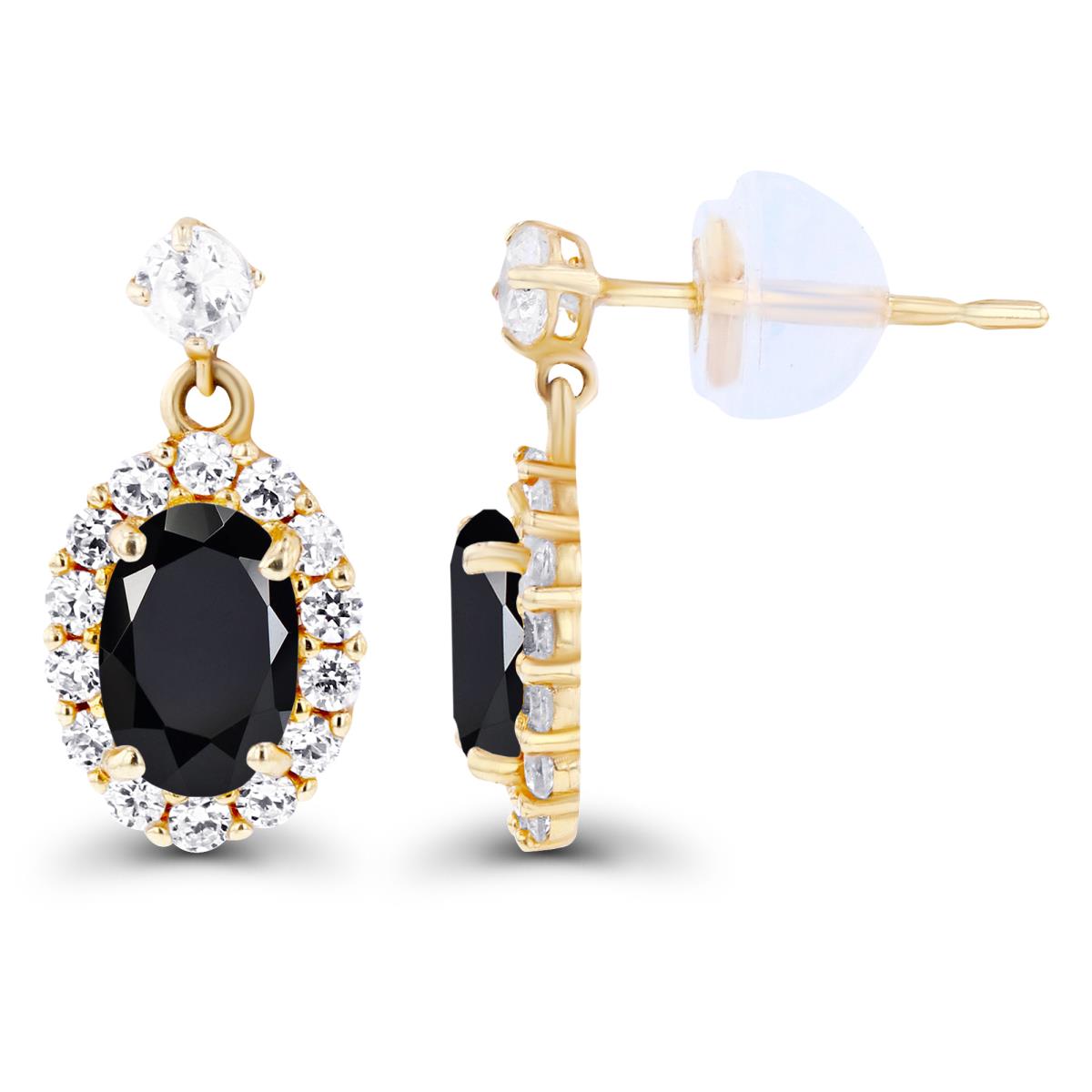 14K Yellow Gold 6x4mm Oval Onyx & Created White Sapphire Halo Dangling Earring with Silicone Back