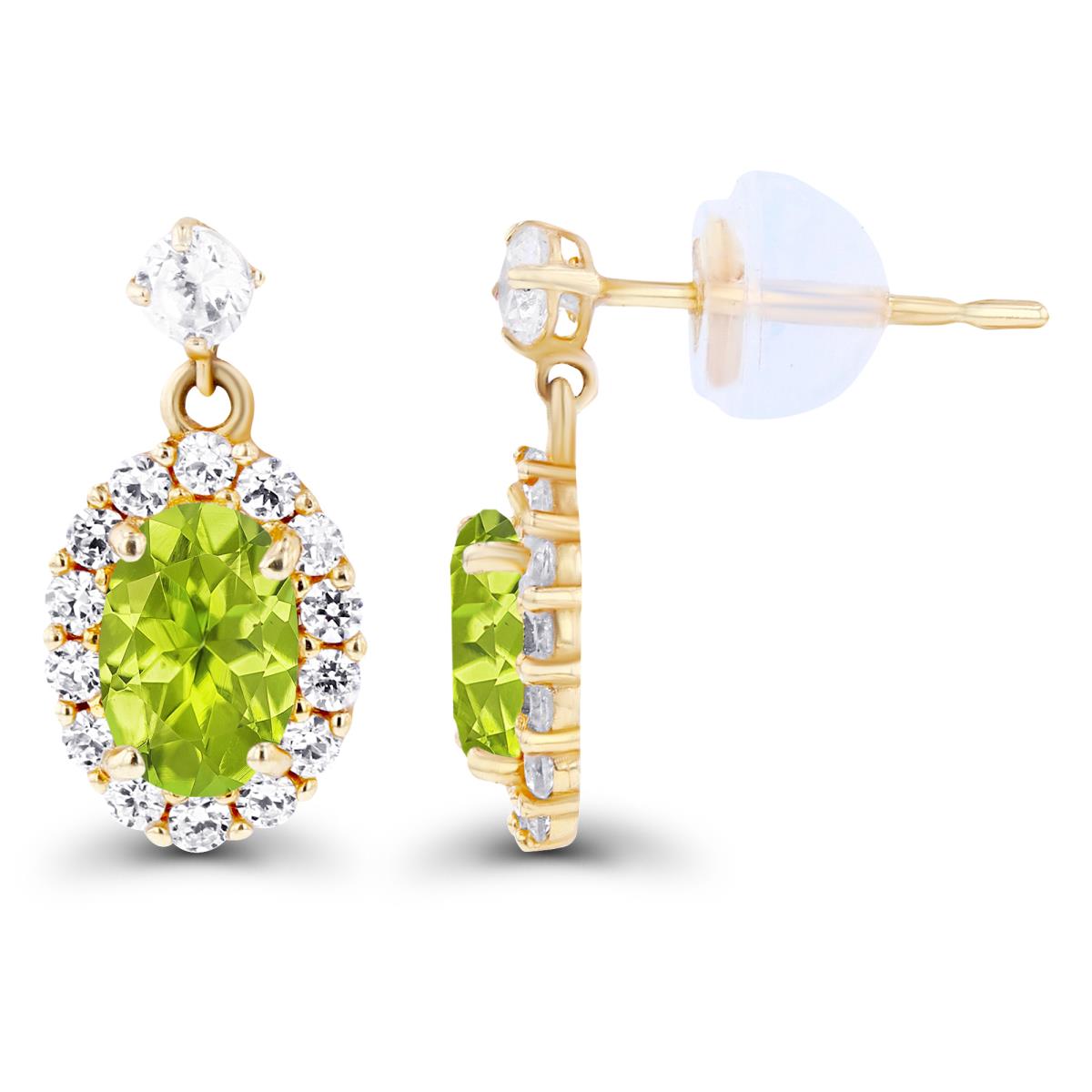 14K Yellow Gold 6x4mm Oval Peridot & Created White Sapphire Halo Dangling Earring with Silicone Back