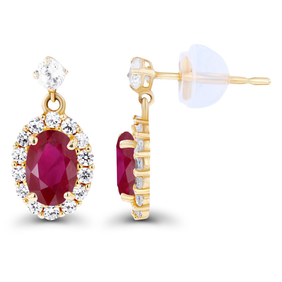 14K Yellow Gold 6x4mm Oval Ruby & Created White Sapphire Halo Dangling Earring with Silicone Back