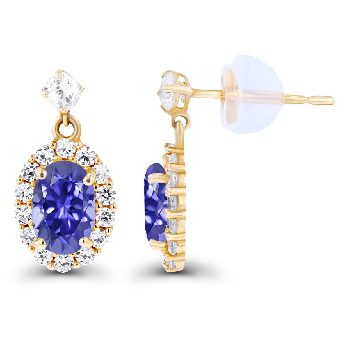 14K Yellow Gold 6x4mm Oval Tanzanite & Created White Sapphire Halo Dangling Earring with Silicone Back