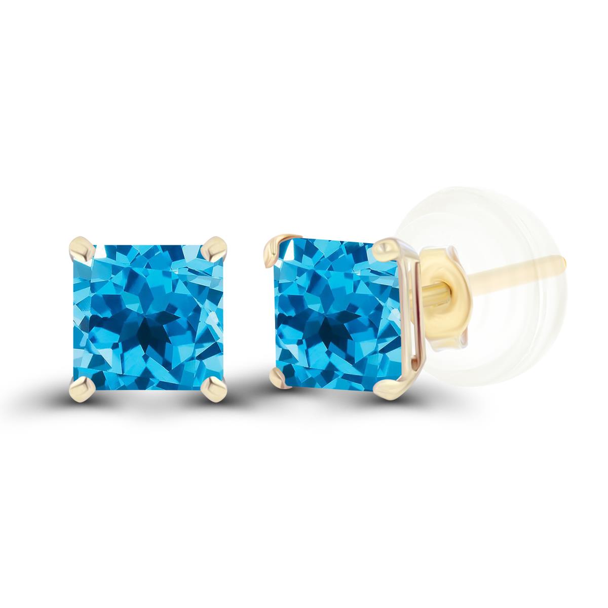 14K Yellow Gold 4mm Square Swiss Blue Topaz Basket Stud Earrings with Silicone Back