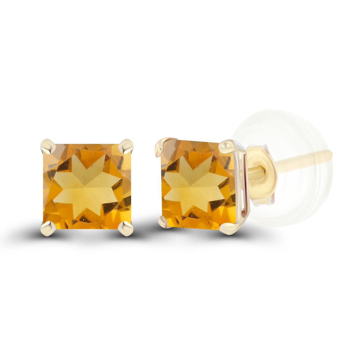 14K Yellow Gold 4mm Square Citrine Basket Stud Earrings with Silicone Back
