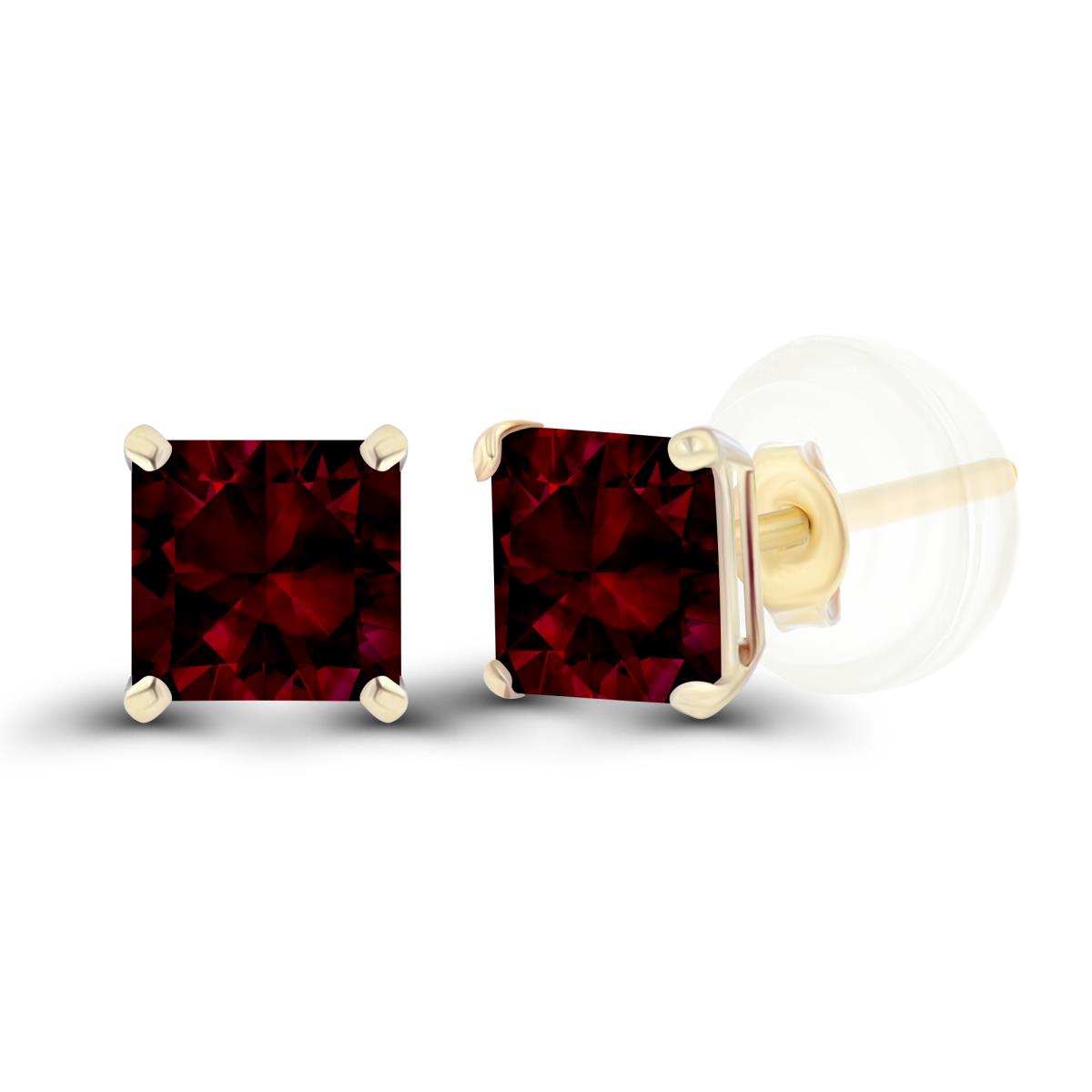 14K Yellow Gold 4mm Square Garnet Basket Stud Earrings with Silicone Back