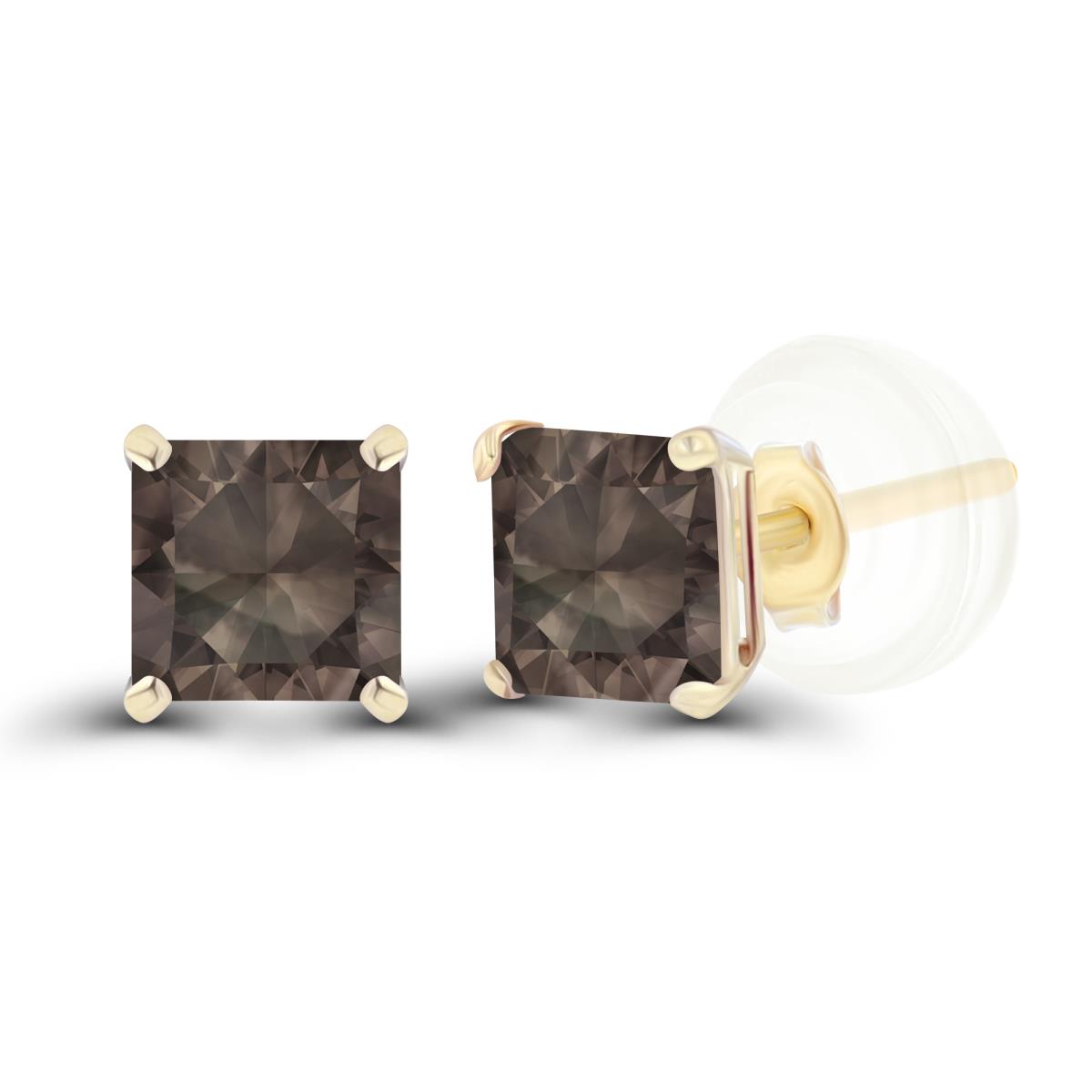 14K Yellow Gold 4mm Square Smokey Quartz Basket Stud Earrings with Silicone Back