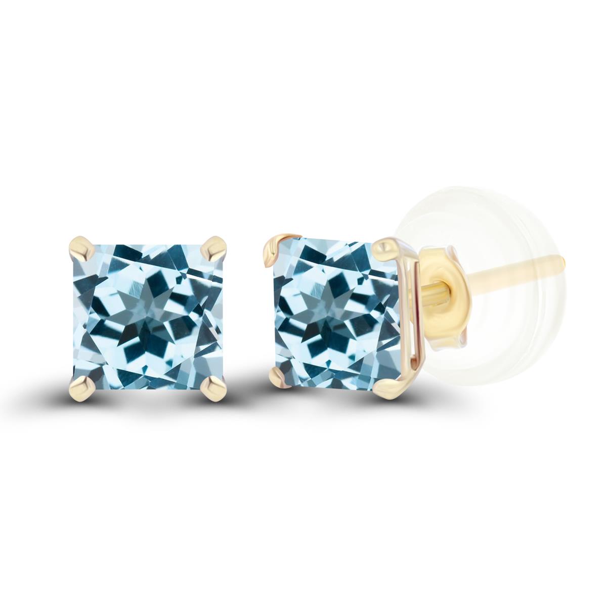 14K Yellow Gold 4mm Square Sky Blue Topaz Basket Stud Earrings with Silicone Back