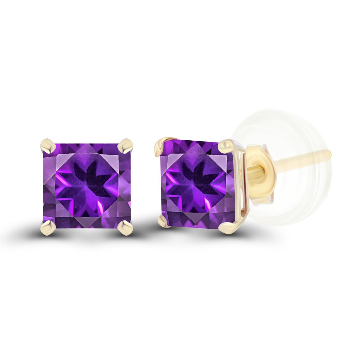 14K Yellow Gold 4mm Square Amethyst Basket Stud Earrings with Silicone Back