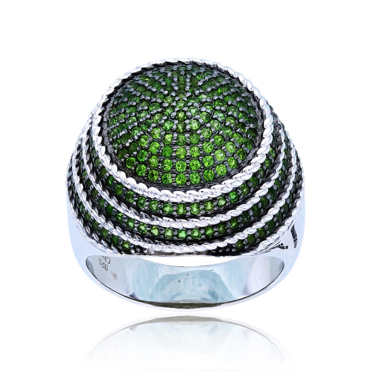 Sterling Silver Two-Tone (Blk/Wh) Rnd Chrom Diopside Pave Dome Layered Round Ring