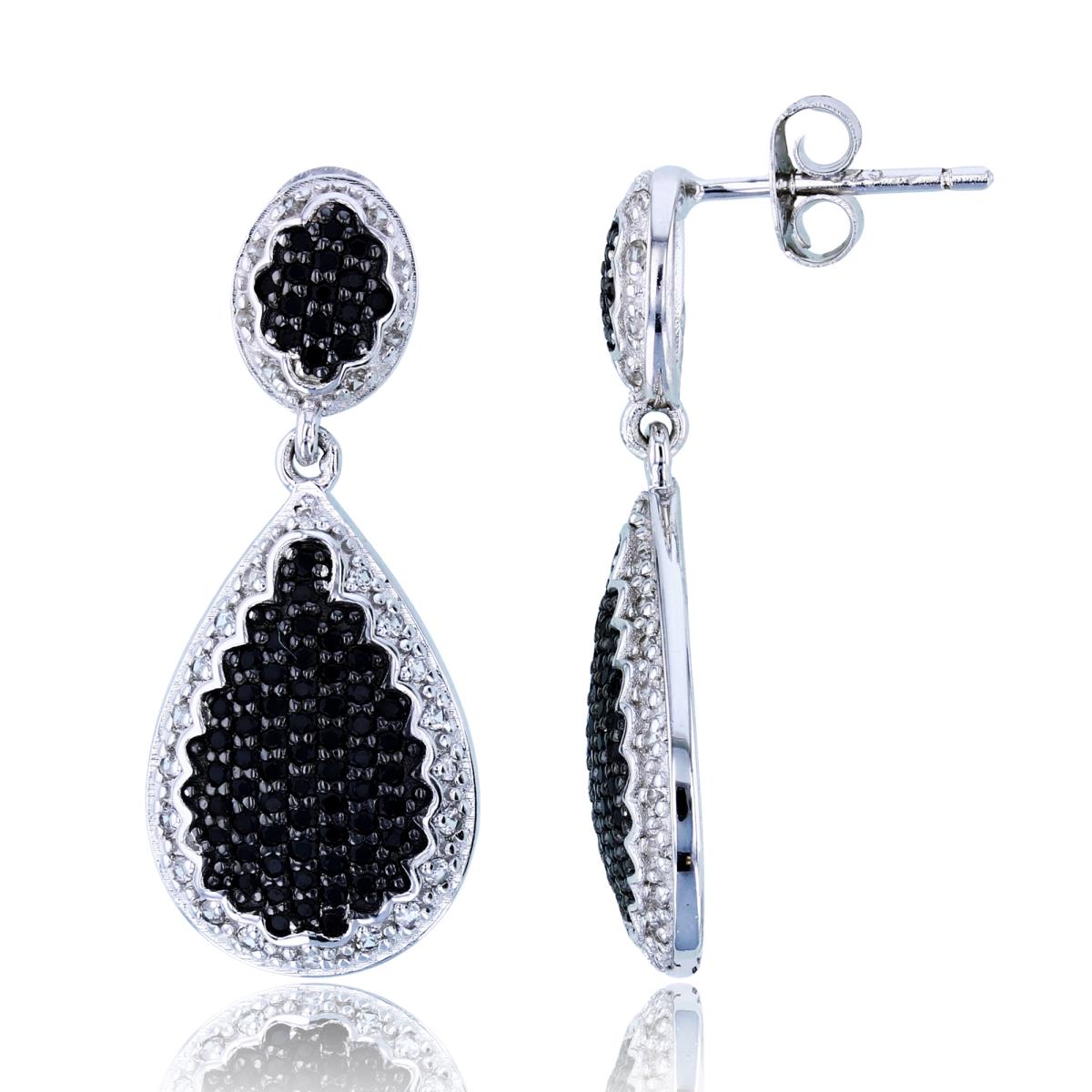 Sterling Silver Two-Tone (Blk/Wh) 1mm Rnd Black Spinel & White Zircon PS-Top/Bottom Puffy Dangling Earrings