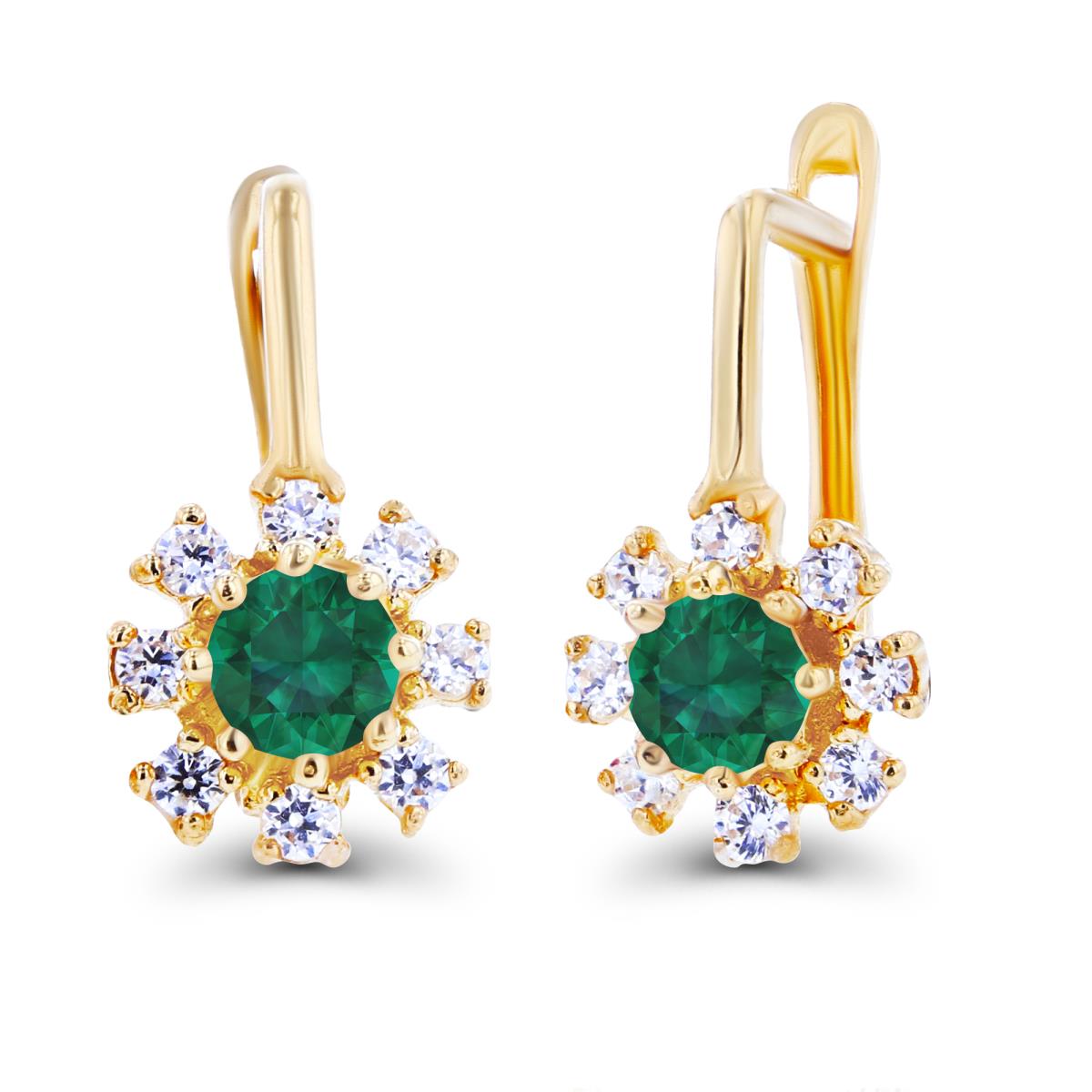 14K Yellow Gold Rnd 3mm Created Emerald & Created White Sapphire Flower Latchback Earrings