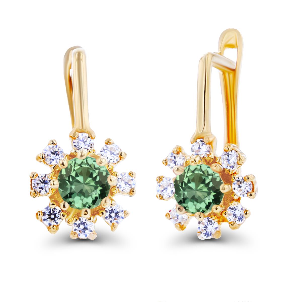 14K Yellow Gold Rnd 3mm Created Green Sapphire & Created White Sapphire Flower Latchback Earrings