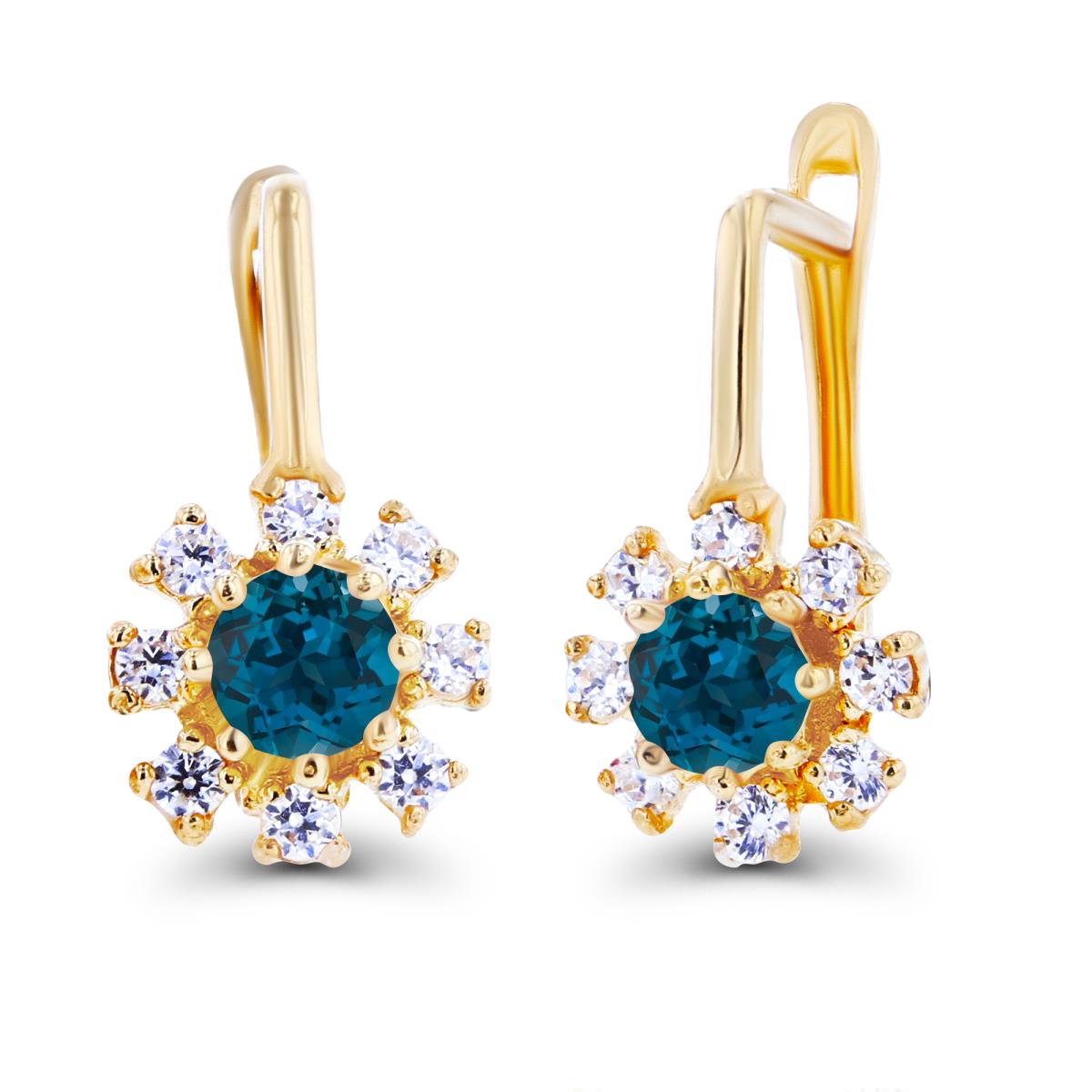 14K Yellow Gold Rnd 3mm London Blue Topaz & Created White Sapphire Flower Latchback Earrings