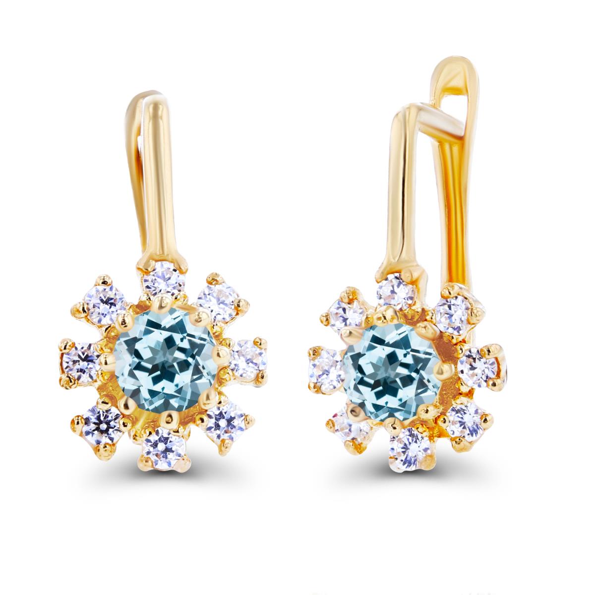 14K Yellow Gold Rnd 3mm Sky Blue Topaz & Created White Sapphire Flower Latchback Earrings