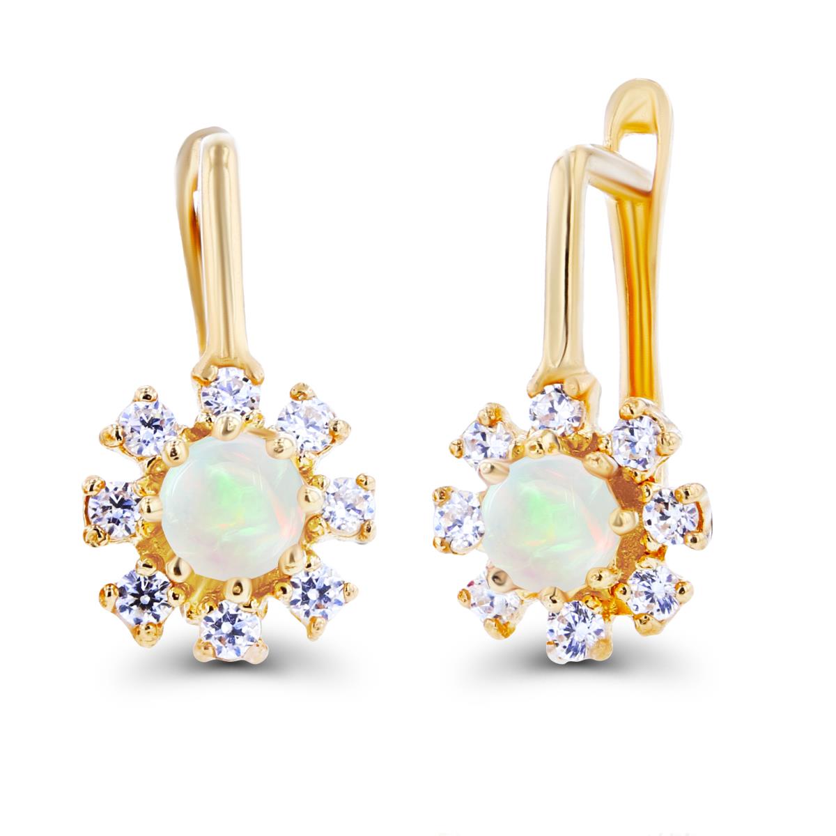 14K Yellow Gold Rnd 3mm Opal & Created White Sapphire Flower Latchback Earrings