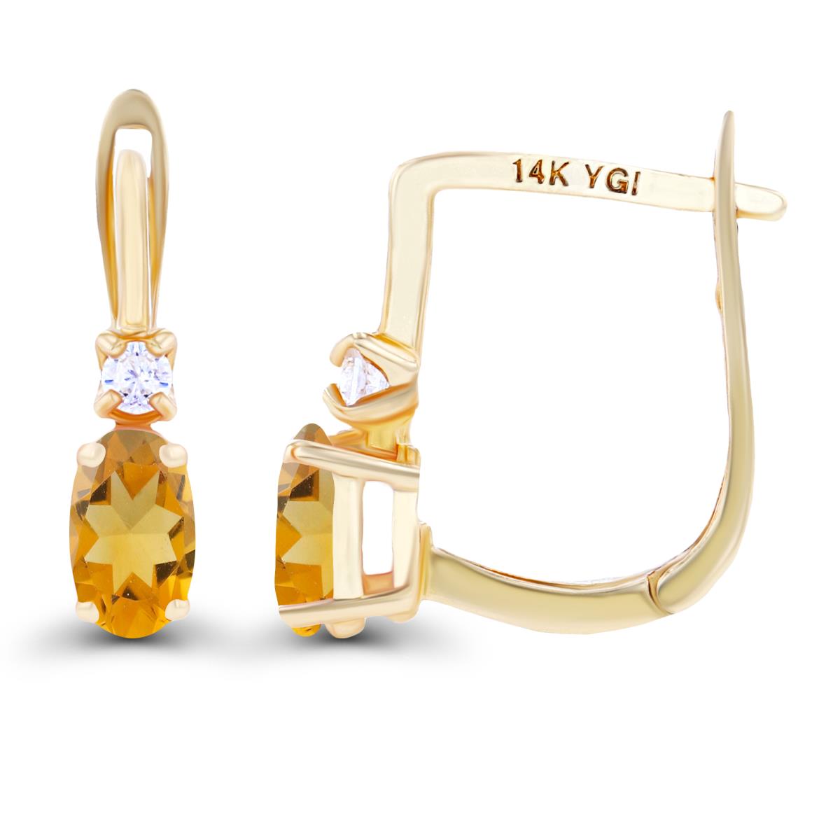 14K Yellow Gold 5x3mm Oval Citrine & 2mm Created White Sapphire Latchback Earrings