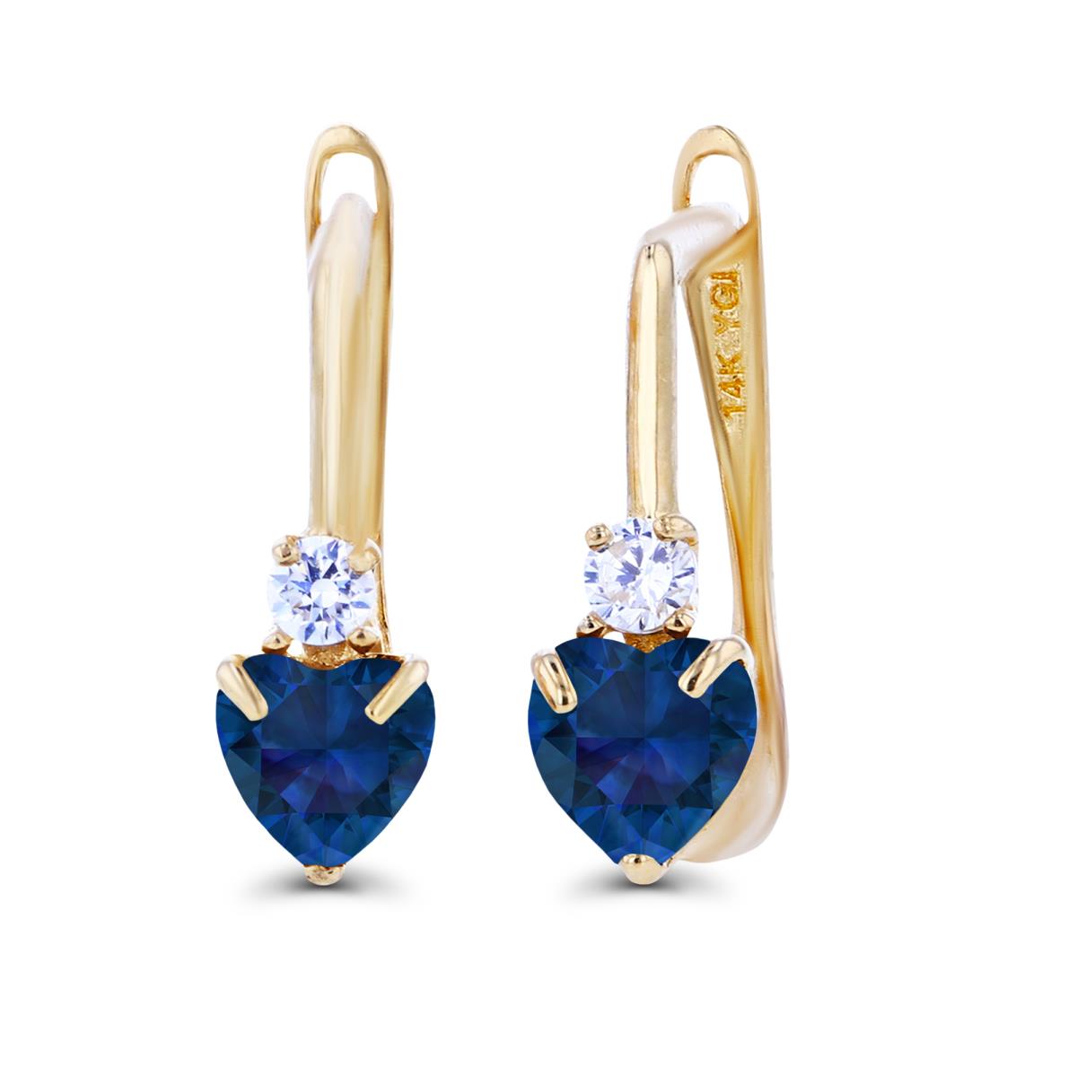 14K Yellow Gold 4mm Heart Created Blue Sapphire & Created White Sapphire Latchback Earrings